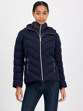 Michael Kors Women's Navy Packable Down Fill Puffer Jacket with Red Lining